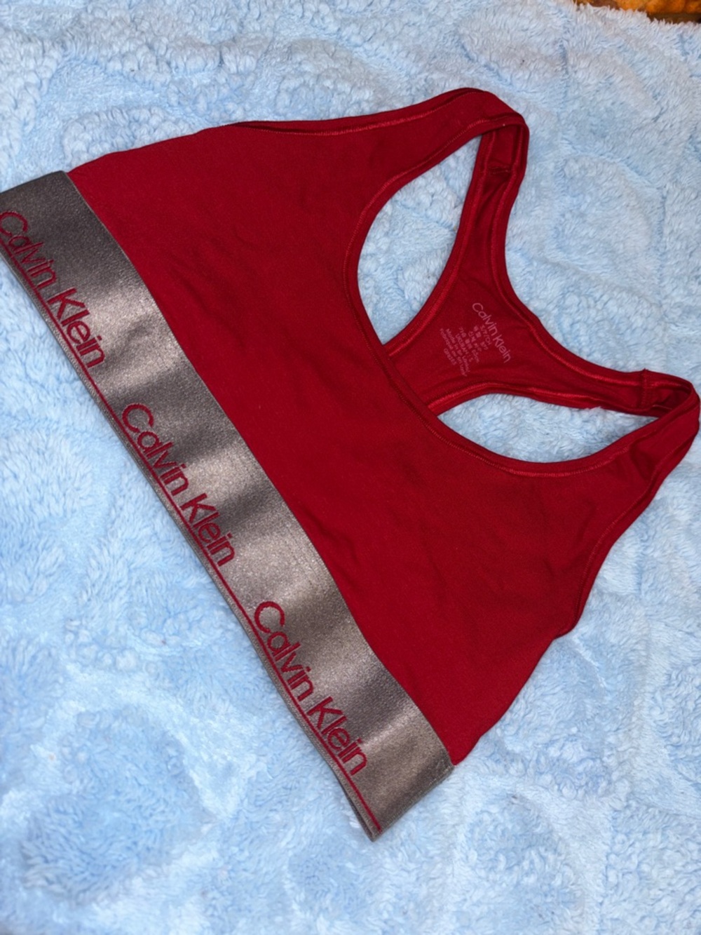 Calvin Klein Red Racerback Bralette with Metallic Silver Logo Band